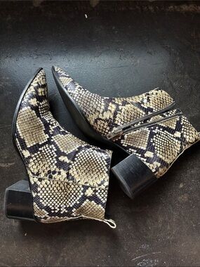 Everlane Snake-Print Pointed Toe Ankle Boots - Beige & Black
